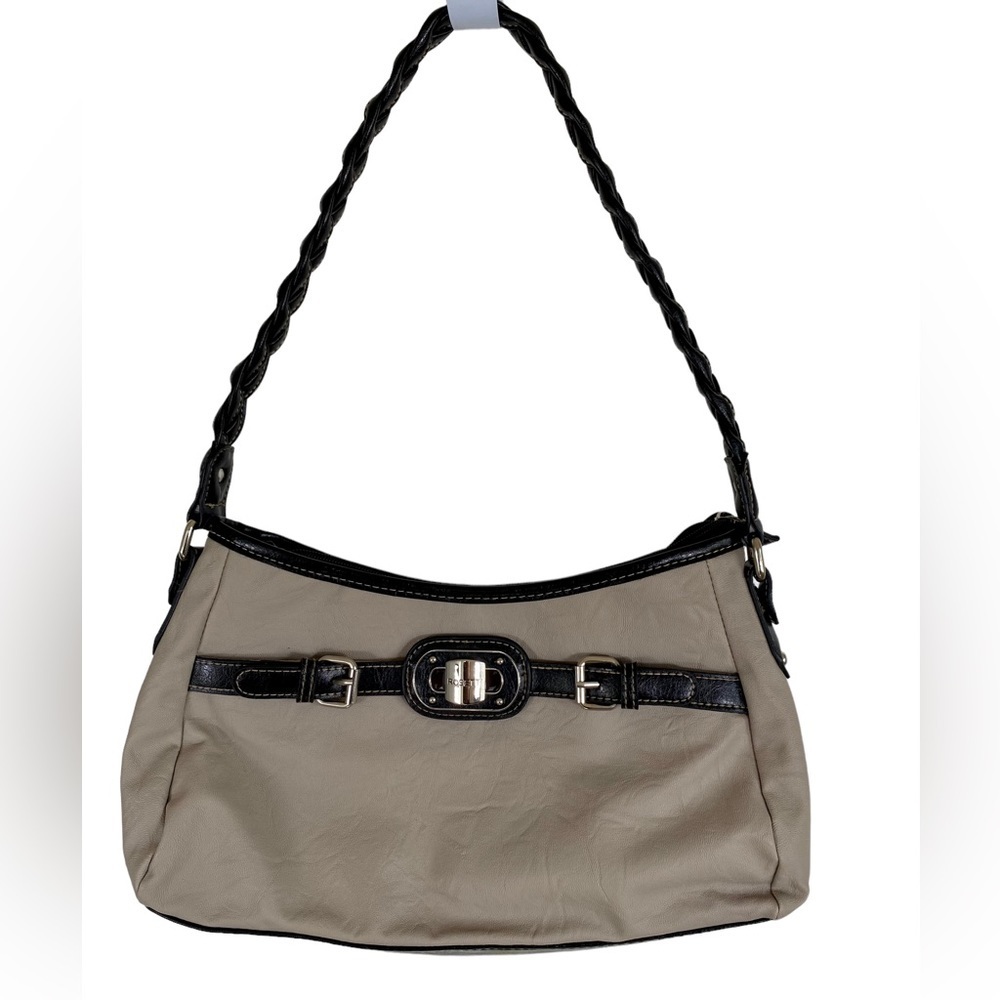 Rosetti tan and brown bag braided leather strap compartments & pockets purse